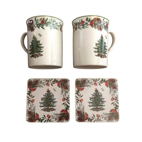 SPODE "Christmas Tree" 5 piece Tin Set 2 Mugs/Cups 12oz 2 Coasters Holiday Xmas - Picture 3 of 5